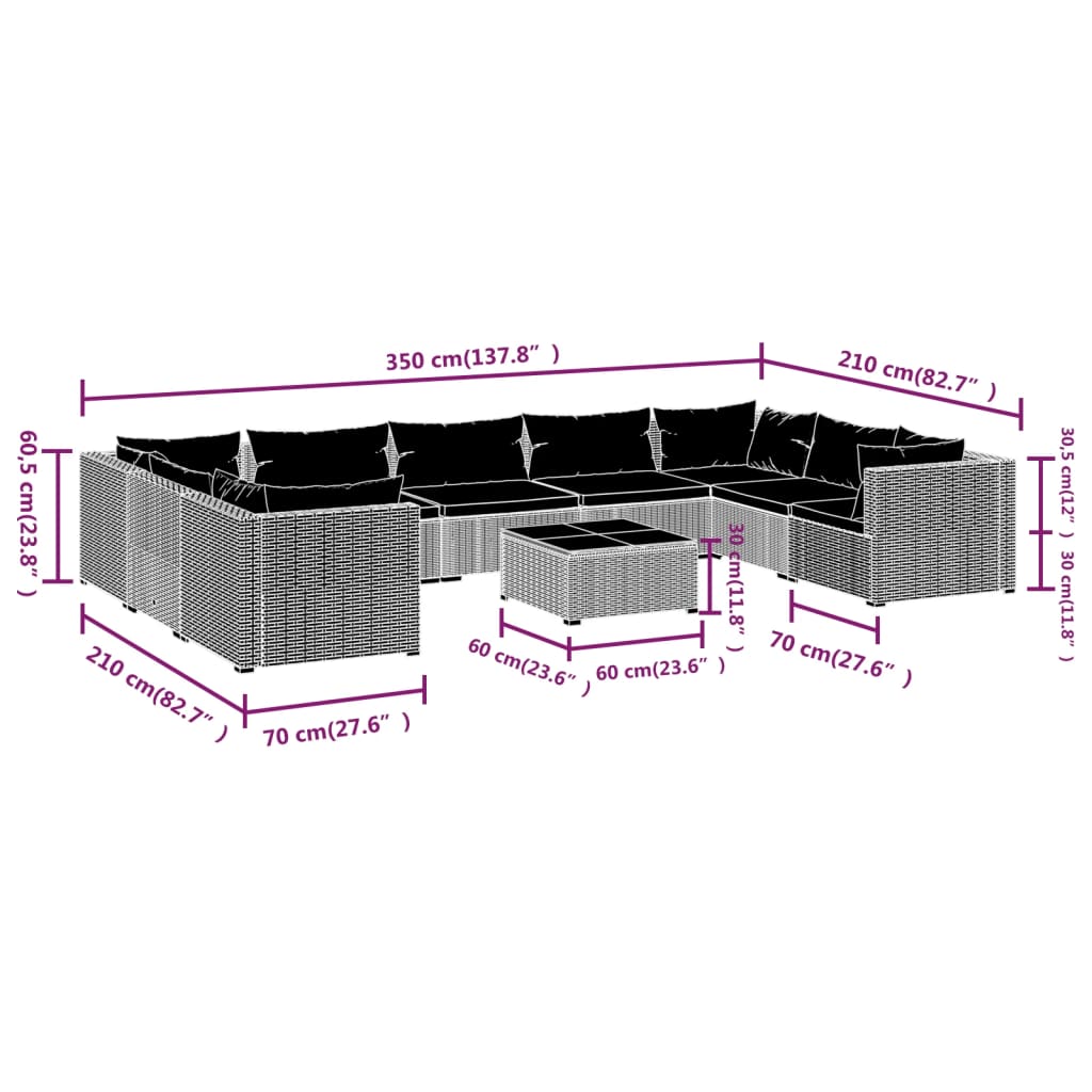 Set Divani da Giardino 10 pz con Cuscini in Polyrattan Nero | homemem39