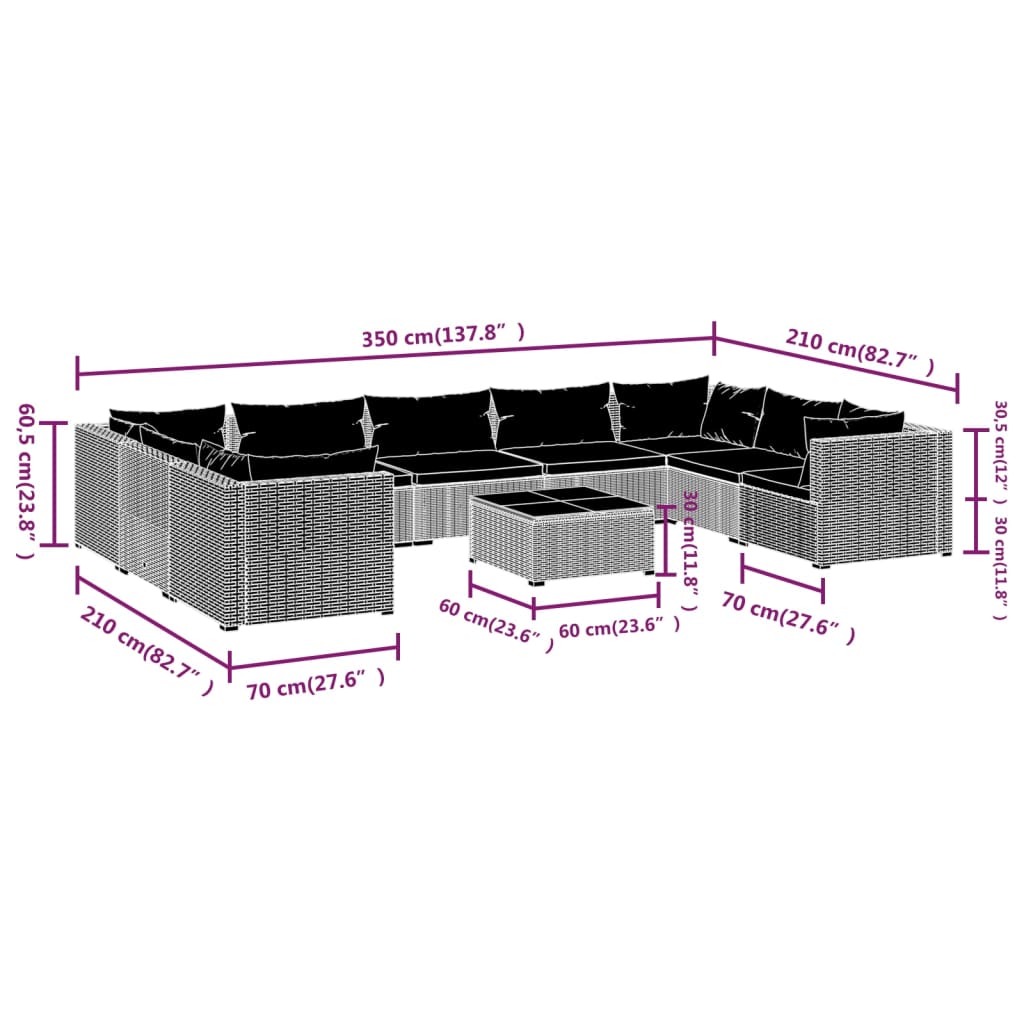 Set Divani da Giardino 10 pz con Cuscini in Polyrattan Marrone | homemem39