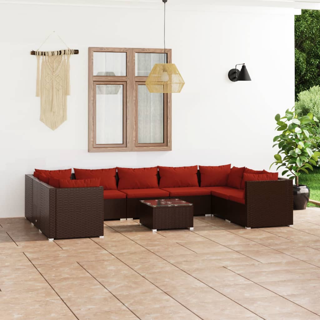 Set Divani da Giardino 10 pz con Cuscini in Polyrattan Marrone | homemem39