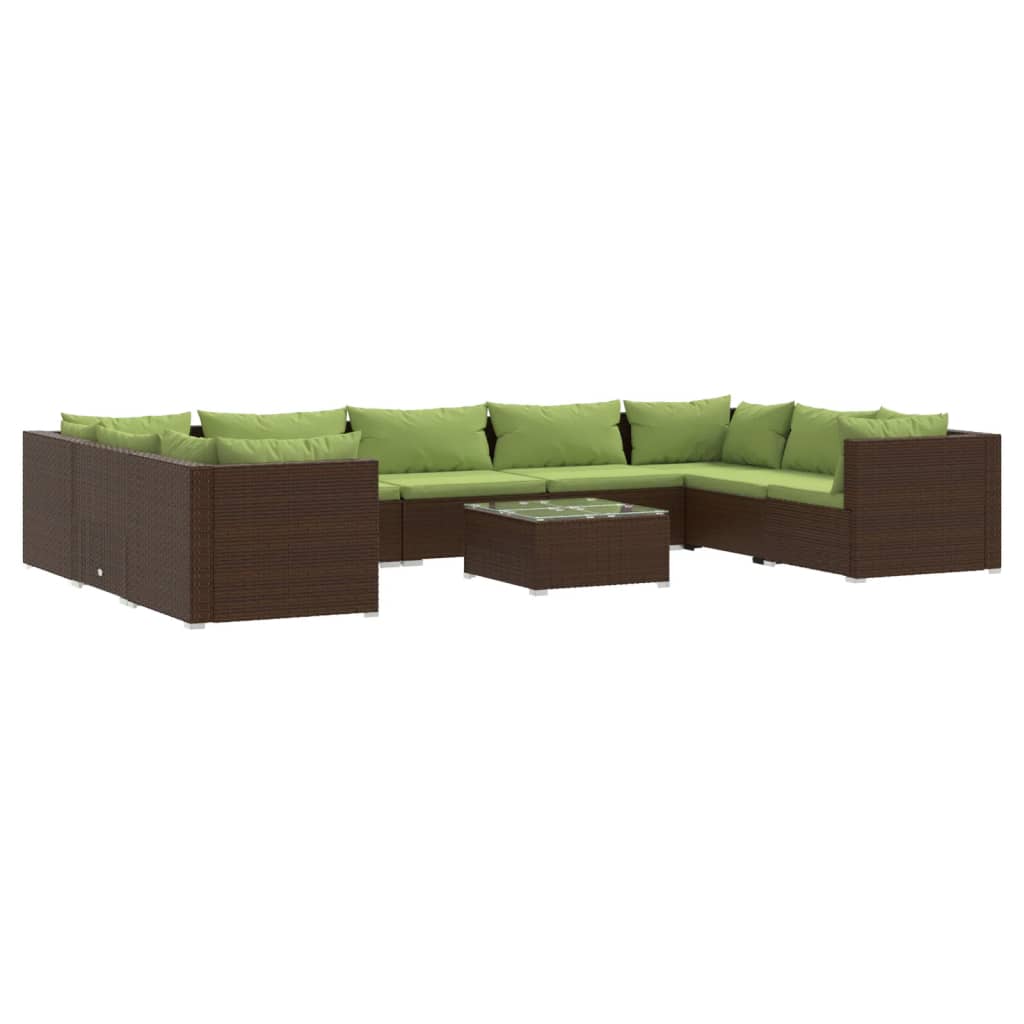 Set Divani da Giardino 10 pz con Cuscini in Polyrattan Marrone | homemem39