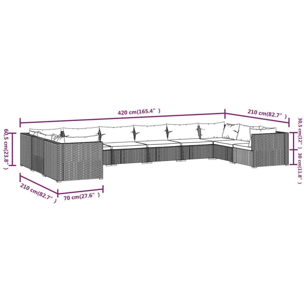 Set Divani da Giardino 10 pz con Cuscini in Polyrattan Marrone | homemem39