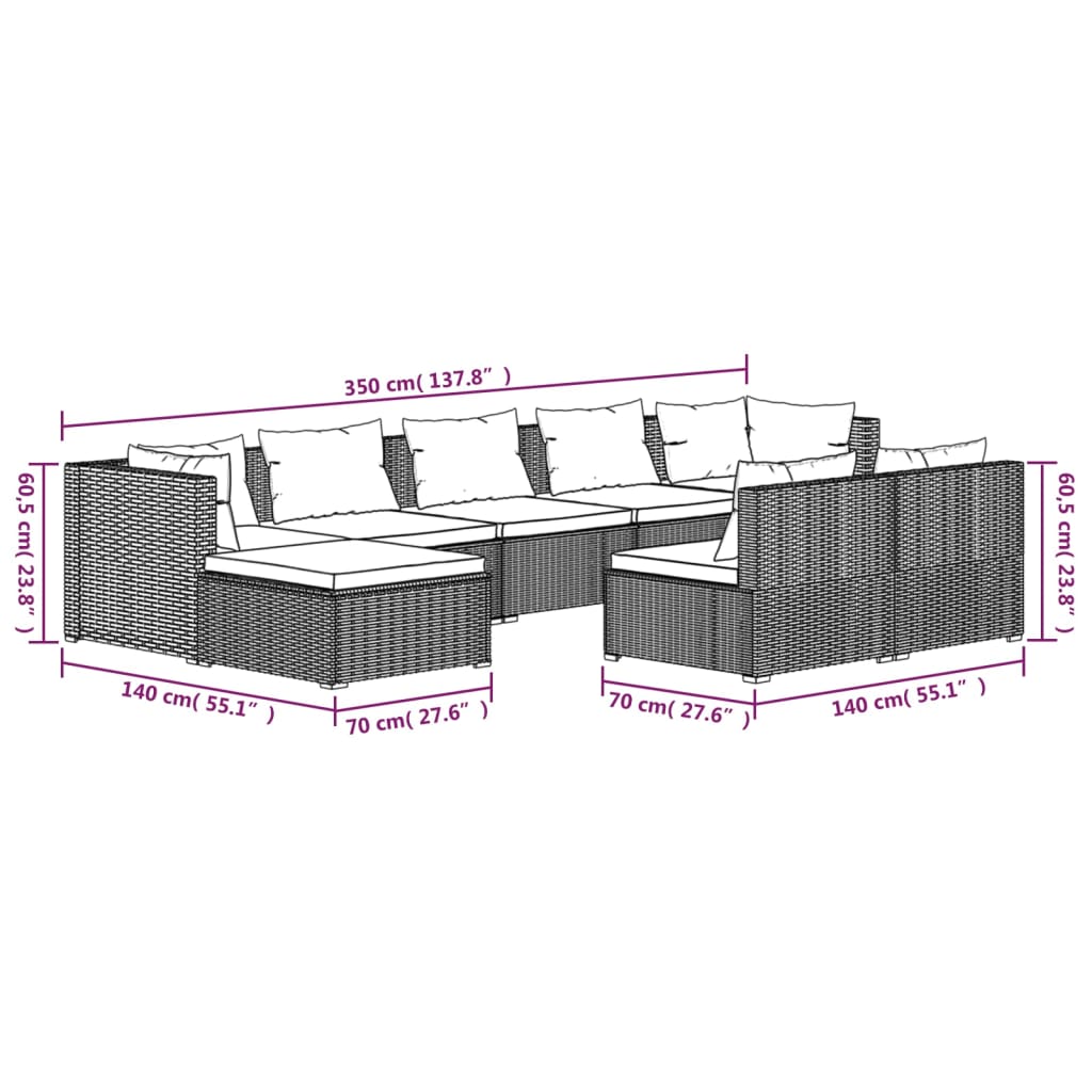 Set Divani da Giardino 9 pz con Cuscini in Polyrattan Marrone | homemem39
