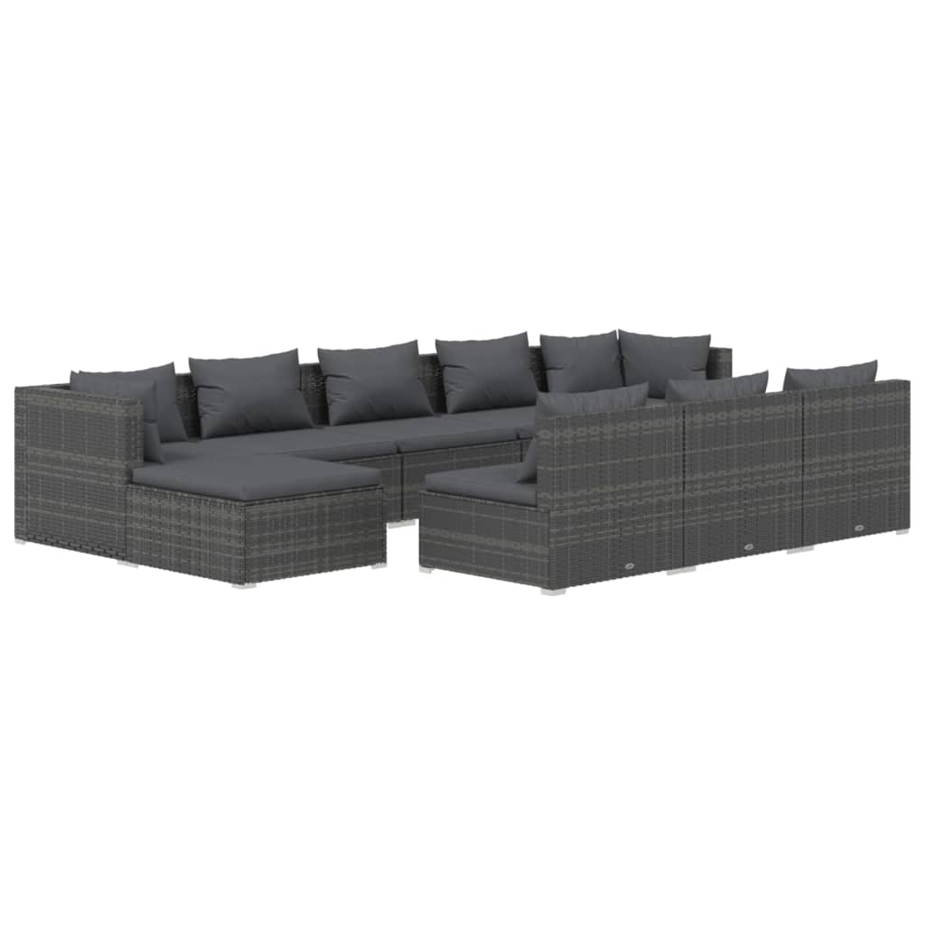 Set Divani da Giardino 10 pz con Cuscini in Polyrattan Grigio | homemem39