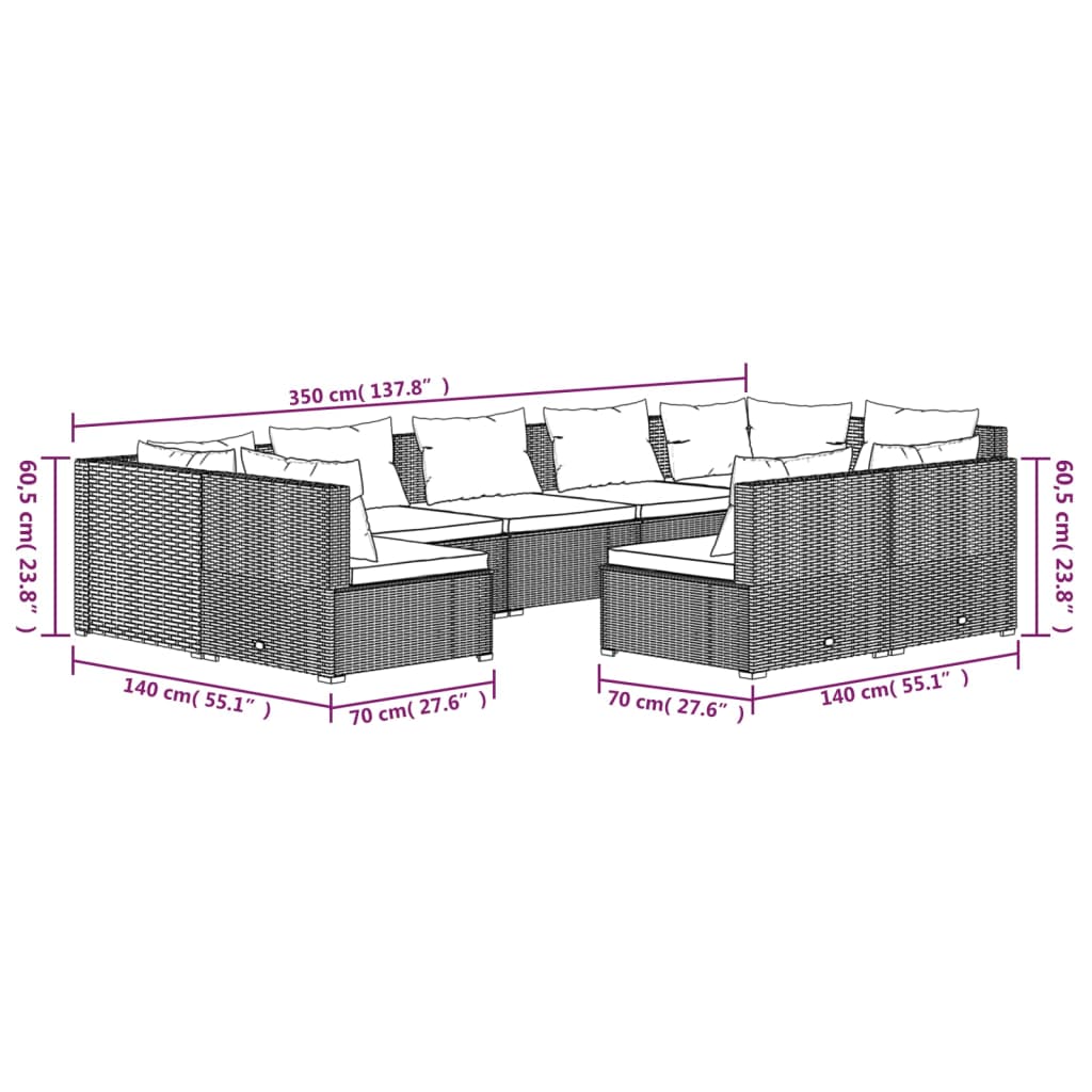 Set Divani da Giardino 9 pz con Cuscini in Polyrattan Marrone | homemem39