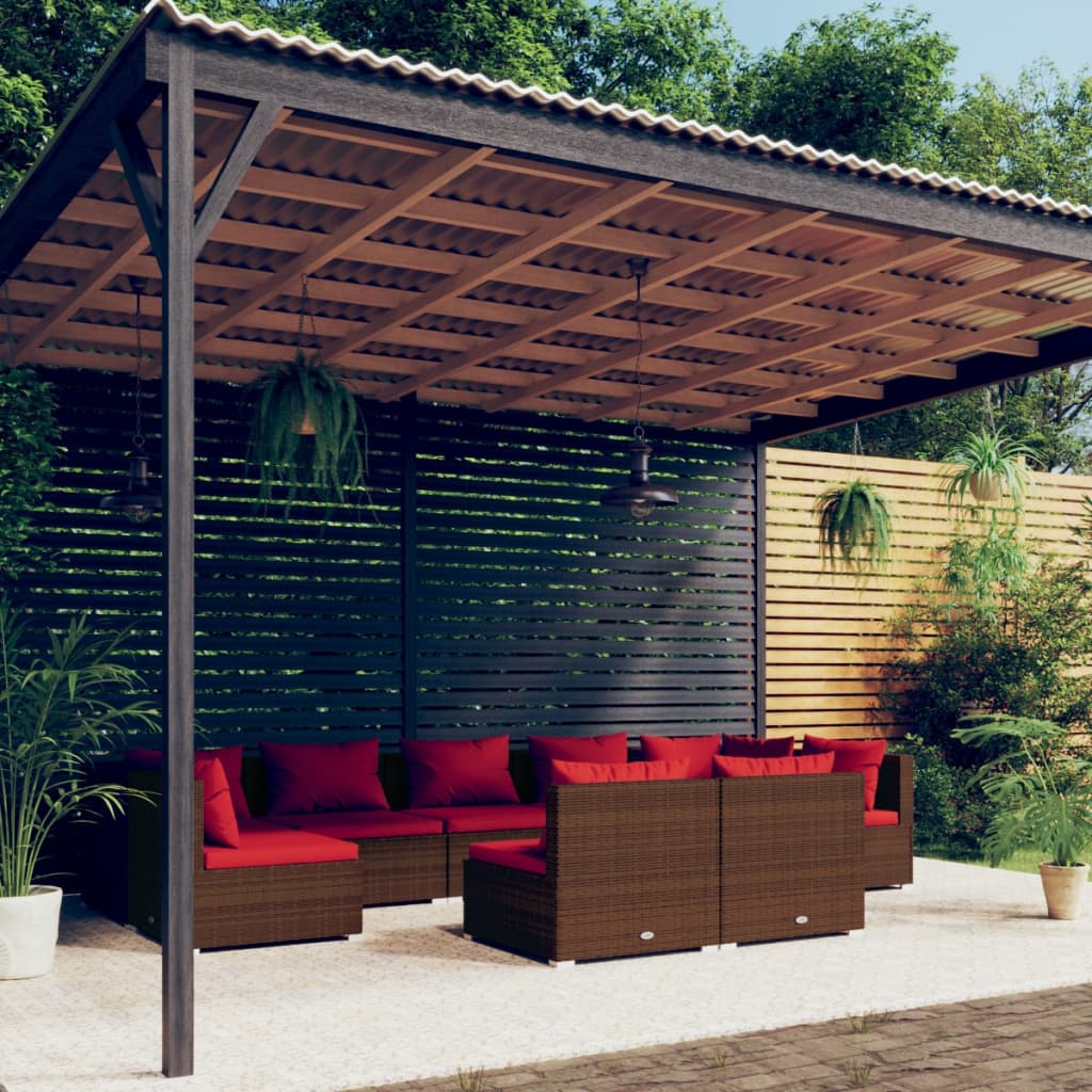 Set Divani da Giardino 9 pz con Cuscini in Polyrattan Marrone | homemem39