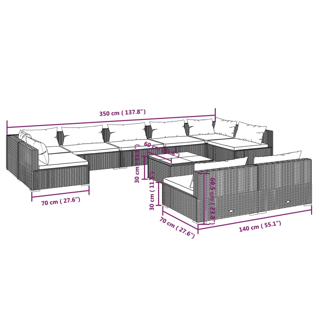 Set Divani da Giardino 10 pz con Cuscini in Polyrattan Marrone | homemem39