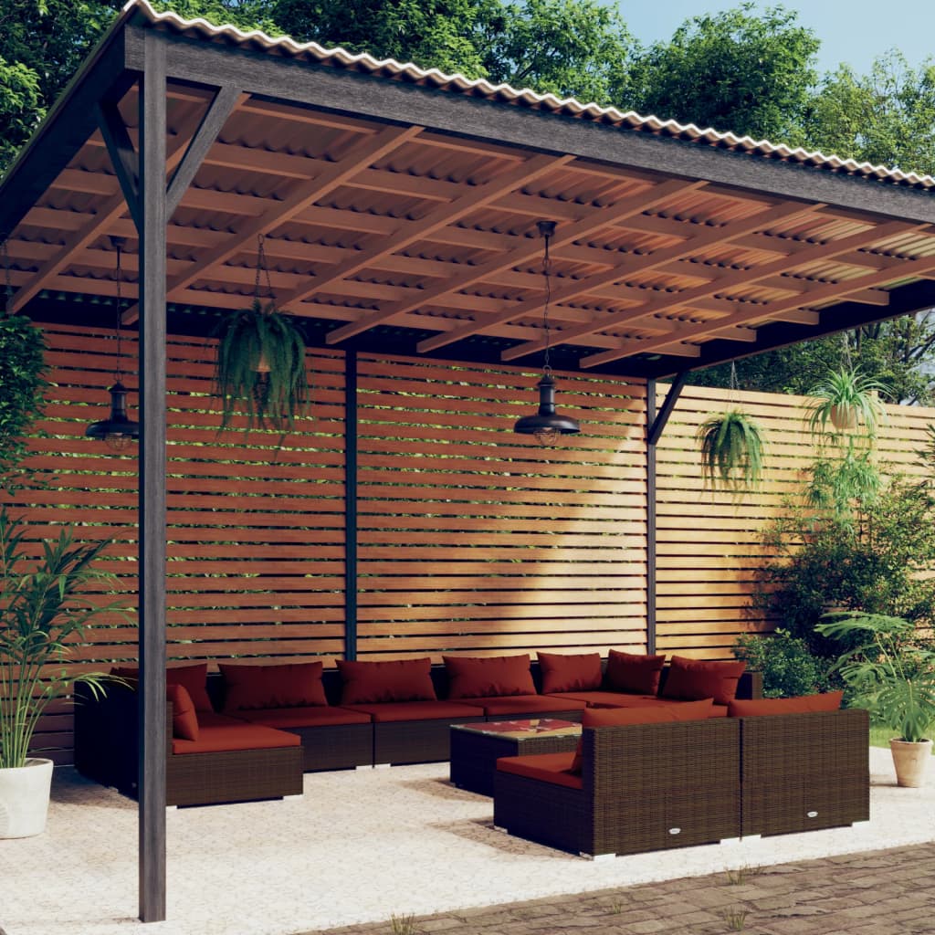 Set Divani da Giardino 10 pz con Cuscini in Polyrattan Marrone | homemem39