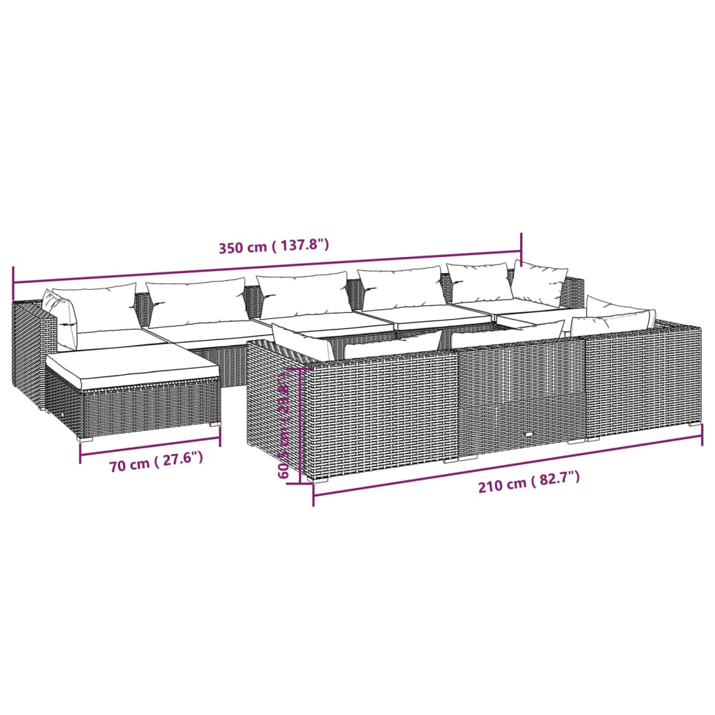 Set Divani da Giardino 10 pz con Cuscini in Polyrattan Marrone | homemem39