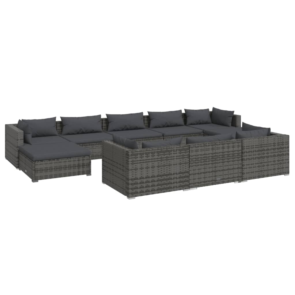 Set Divani da Giardino 10 pz con Cuscini in Polyrattan Grigio | homemem39