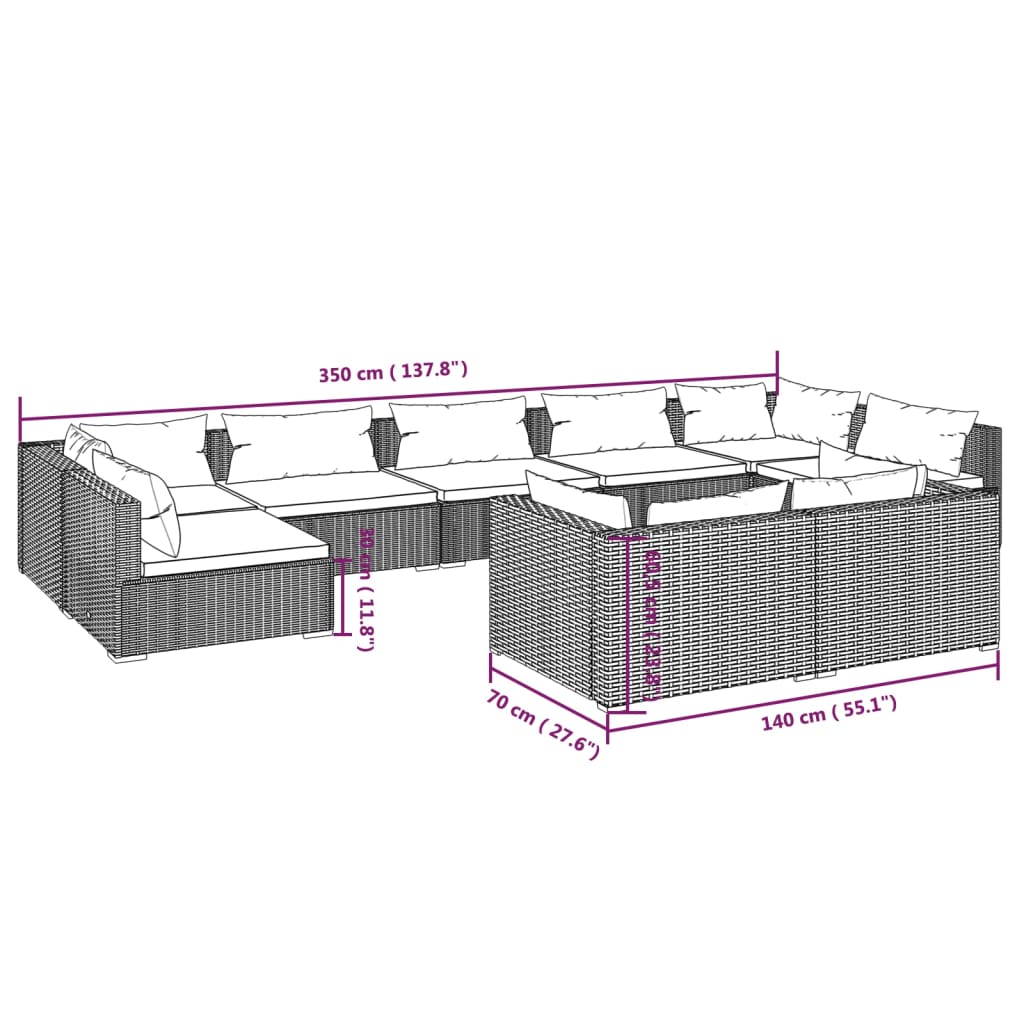 Set Divani da Giardino 9 pz con Cuscini in Polyrattan Marrone | homemem39