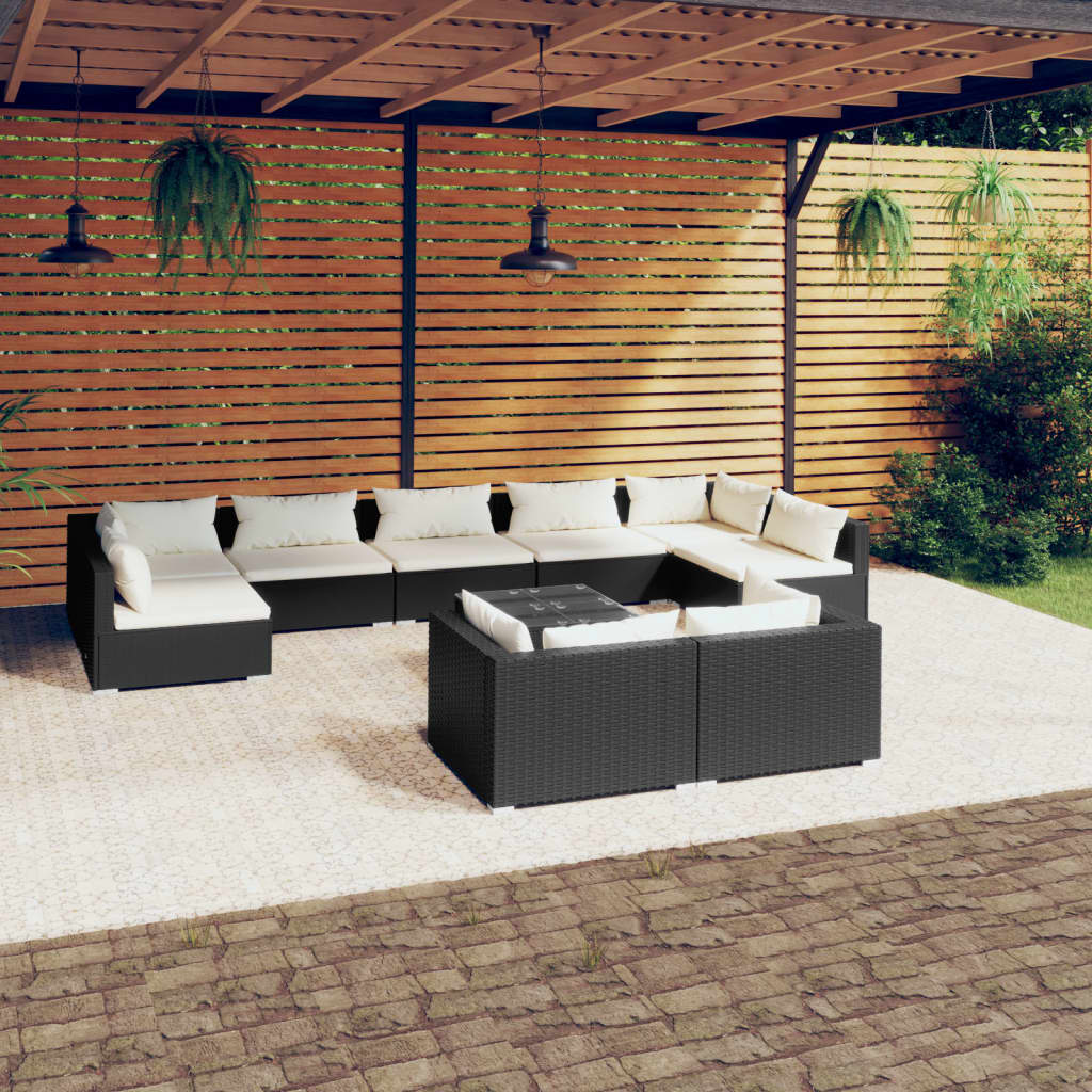 Set Divani da Giardino 10 pz con Cuscini in Polyrattan Nero | homemem39