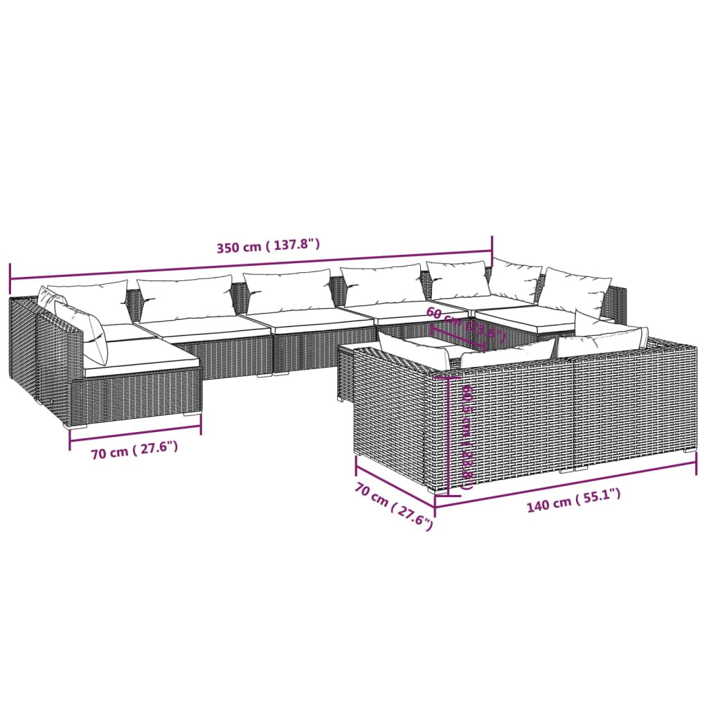 Set Divani da Giardino 10 pz con Cuscini in Polyrattan Marrone | homemem39