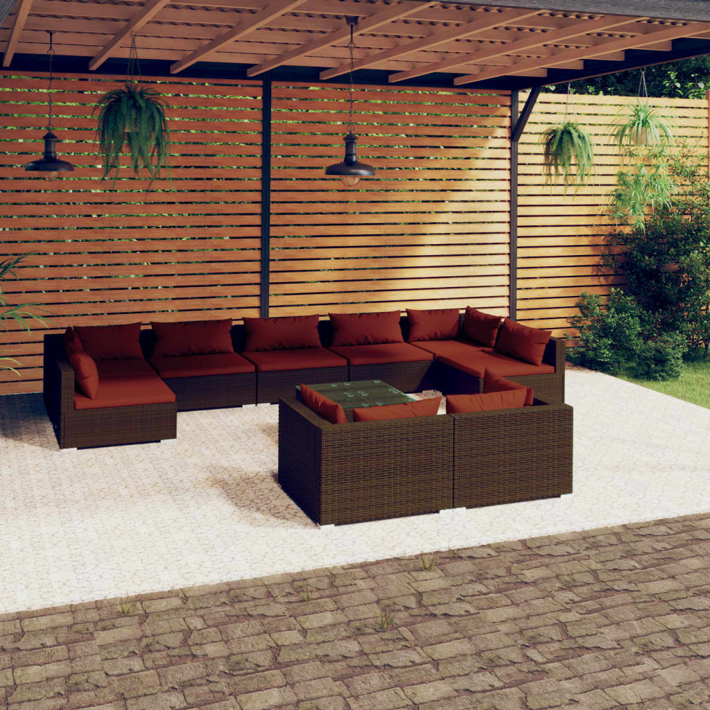 Set Divani da Giardino 10 pz con Cuscini in Polyrattan Marrone | homemem39