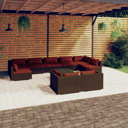 Set Divani da Giardino 10 pz con Cuscini in Polyrattan Marrone | homemem39