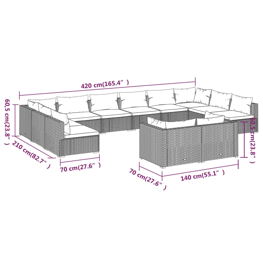 Set Divani da Giardino 12 pz con Cuscini in Polyrattan Marrone | homemem39
