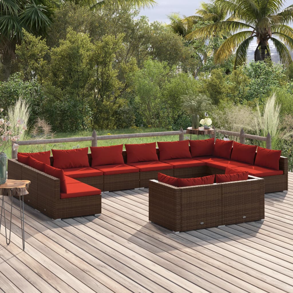 Set Divani da Giardino 12 pz con Cuscini in Polyrattan Marrone | homemem39