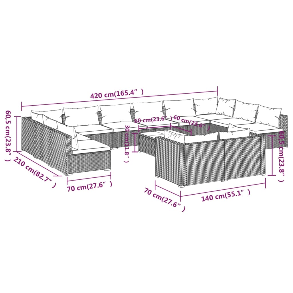 Set Divani da Giardino 13 pz con Cuscini in Polyrattan Marrone | homemem39