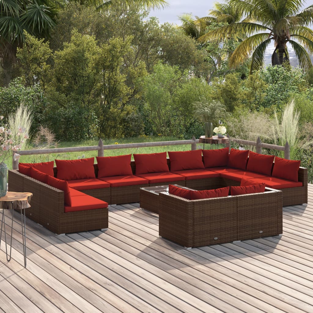 Set Divani da Giardino 13 pz con Cuscini in Polyrattan Marrone | homemem39