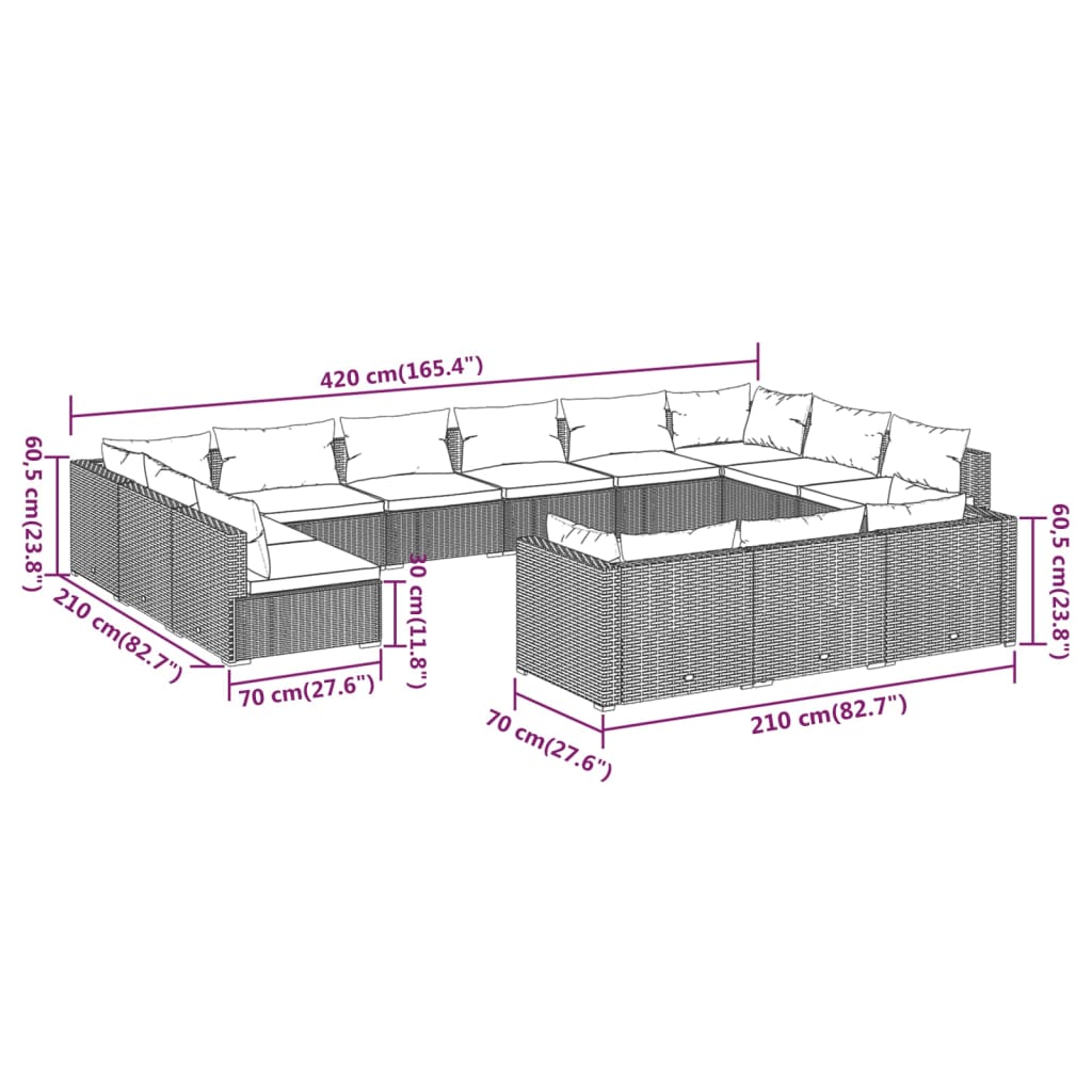 Set Divani da Giardino 13 pz con Cuscini in Polyrattan Marrone | homemem39