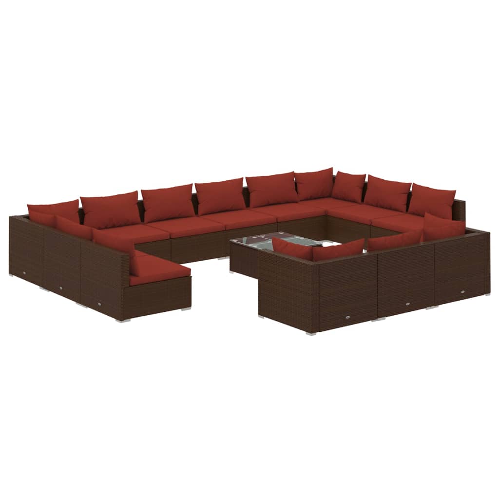 Set Divani da Giardino 14 pz con Cuscini in Polyrattan Marrone | homemem39