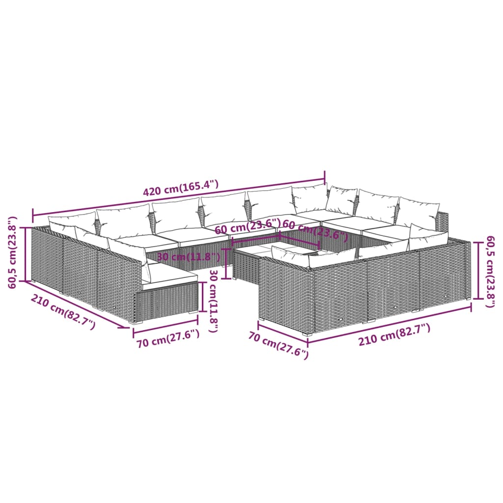 Set Divani da Giardino 14 pz con Cuscini in Polyrattan Marrone | homemem39