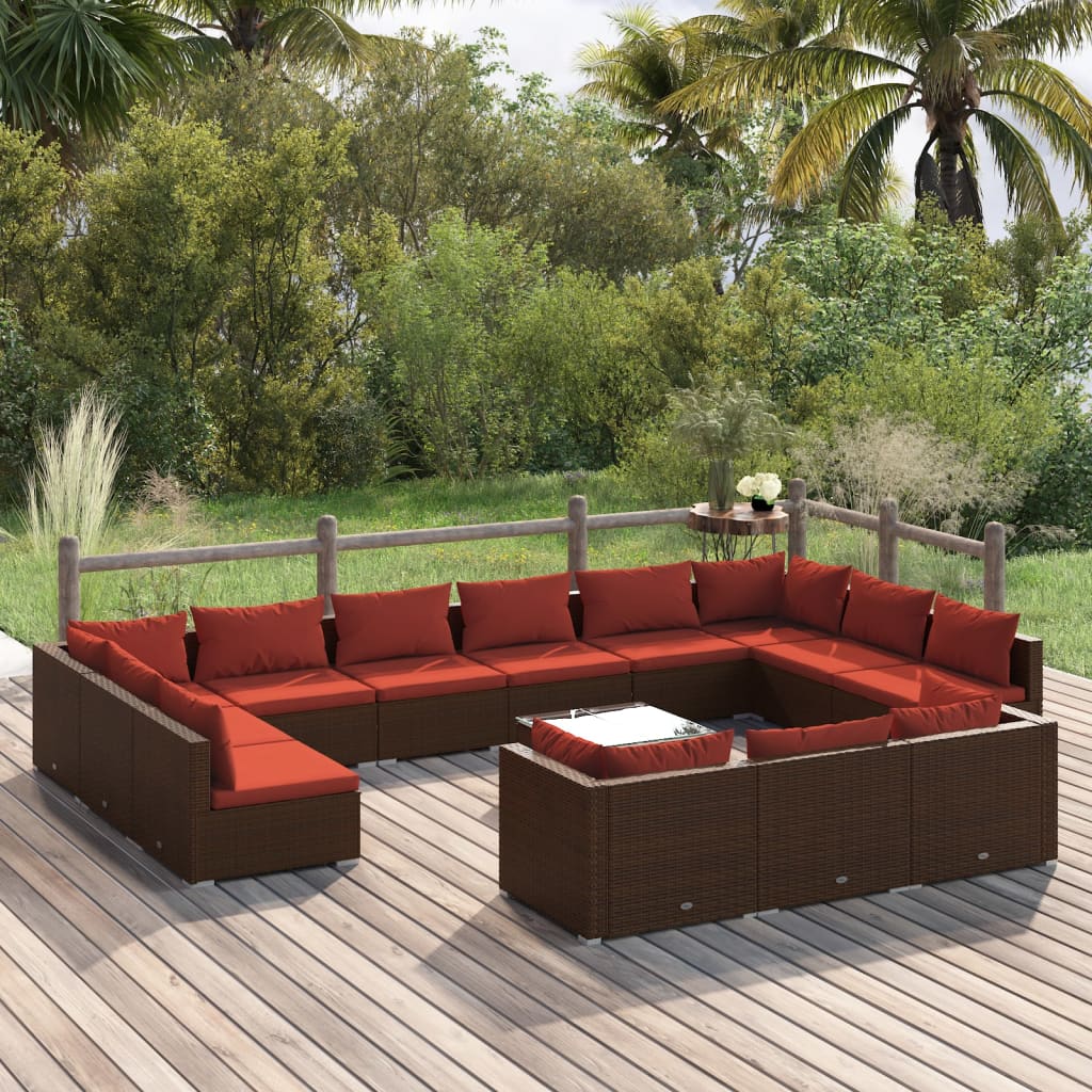 Set Divani da Giardino 14 pz con Cuscini in Polyrattan Marrone | homemem39