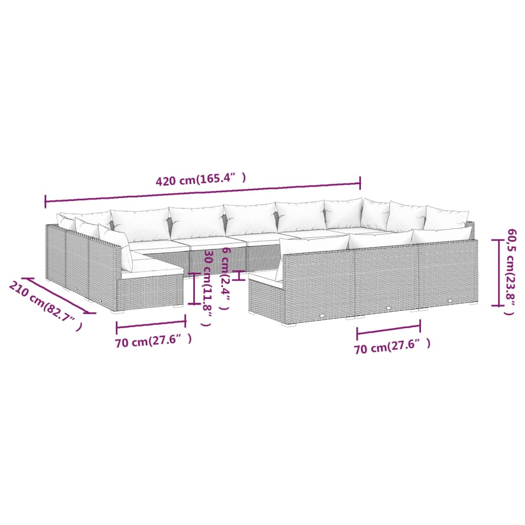 Set Divani da Giardino 13 pz con Cuscini in Polyrattan Marrone | homemem39