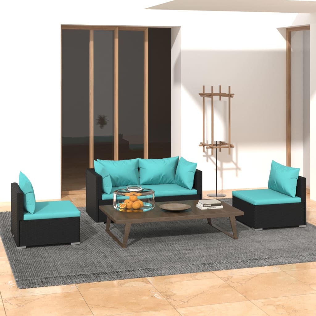 Set Divani da Giardino 4 pz con Cuscini in Polyrattan Nero | homemem39