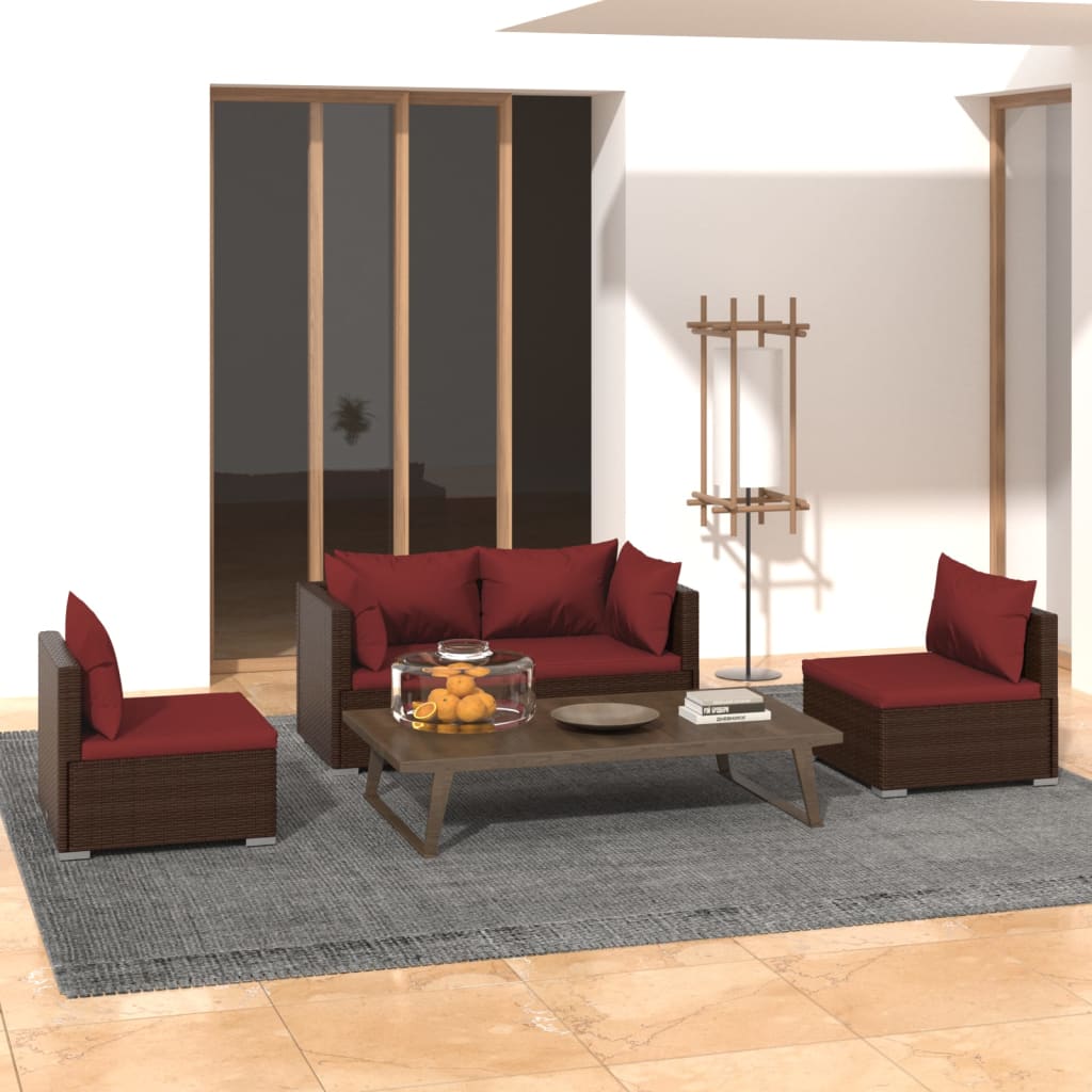 Set Divani da Giardino 4 pz con Cuscini in Polyrattan Marrone | homemem39