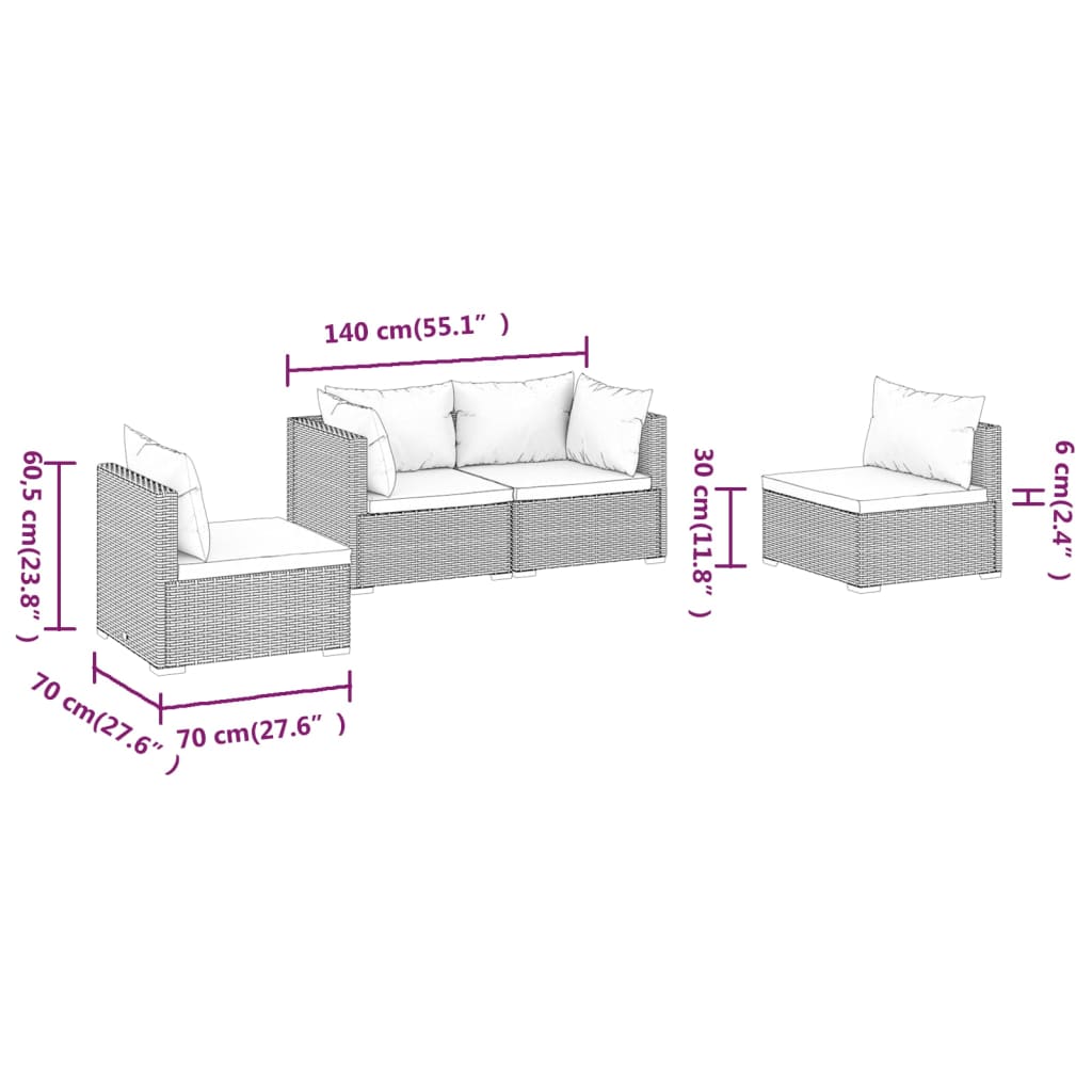 Set Divani da Giardino 4 pz con Cuscini in Polyrattan Marrone | homemem39