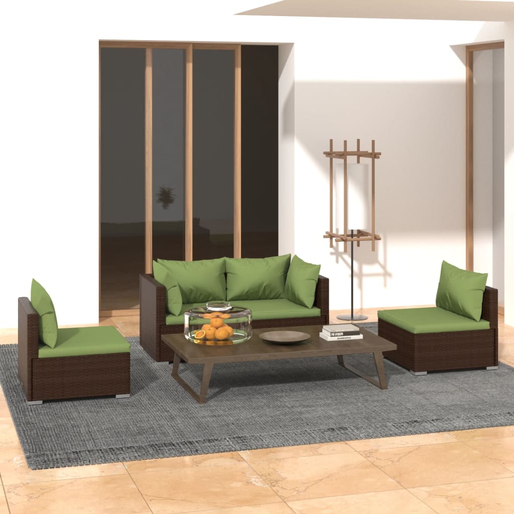 Set Divani da Giardino 4 pz con Cuscini in Polyrattan Marrone | homemem39