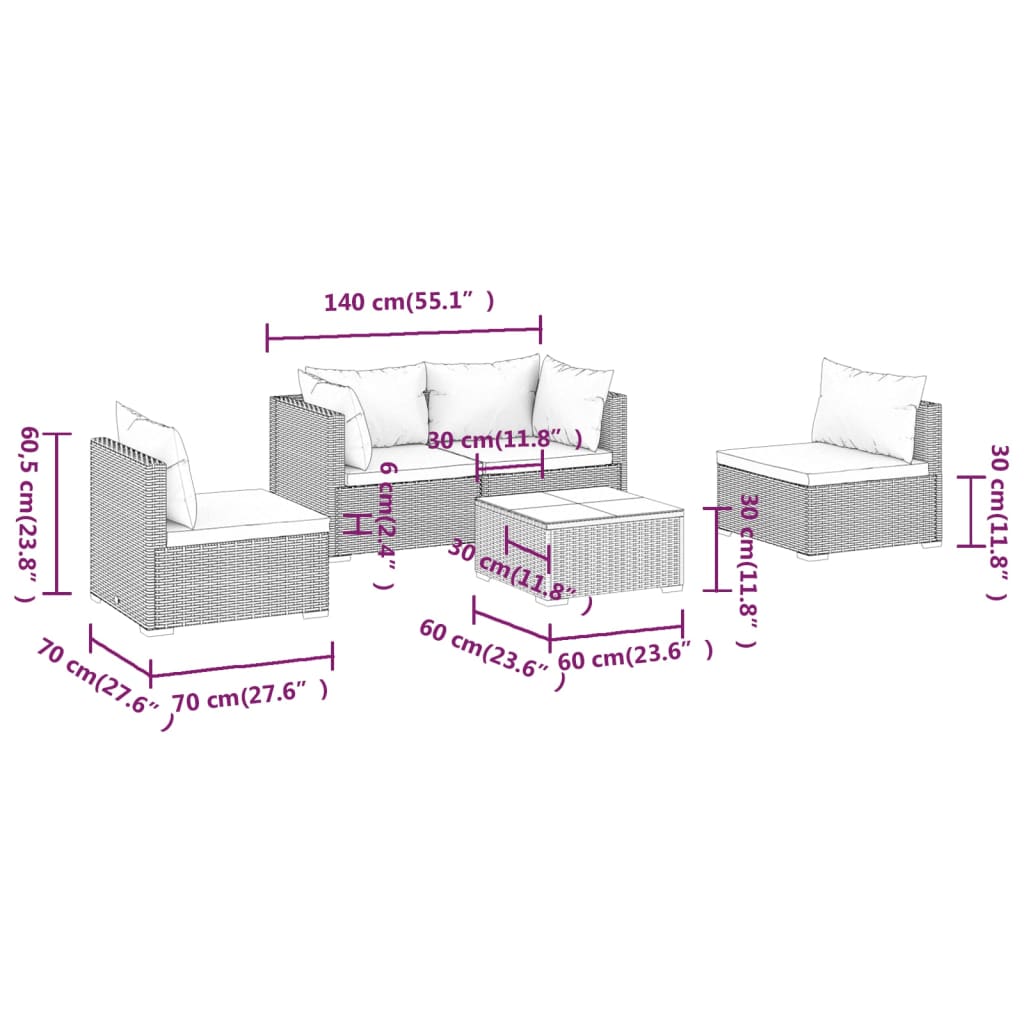 Set Divani da Giardino 5 pz con Cuscini in Polyrattan Nero | homemem39