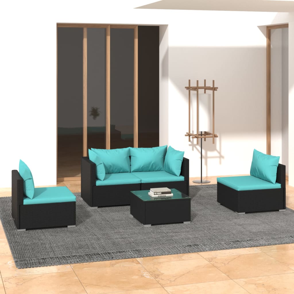 Set Divani da Giardino 5 pz con Cuscini in Polyrattan Nero | homemem39