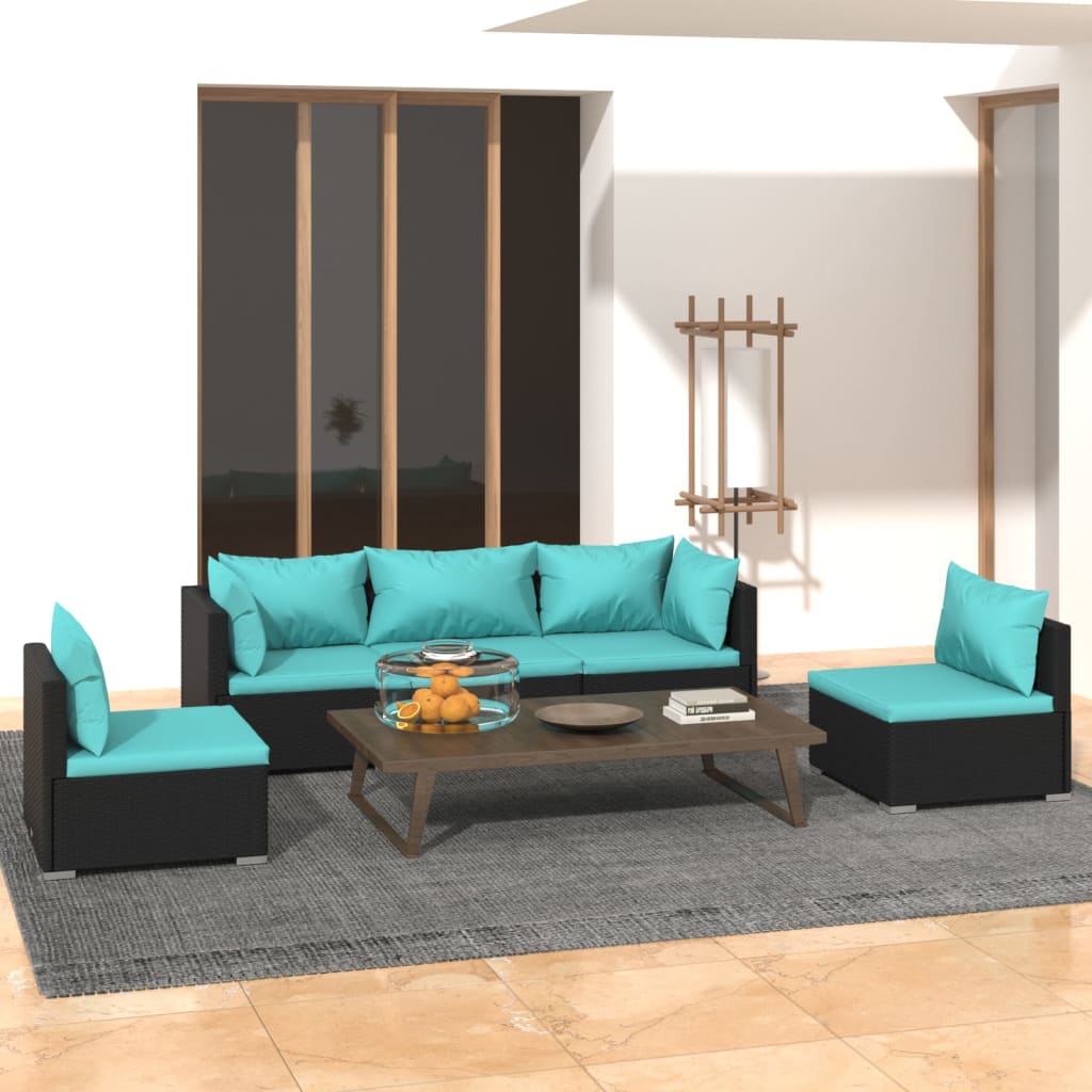 Set Divani da Giardino 5 pz con Cuscini in Polyrattan Nero | homemem39