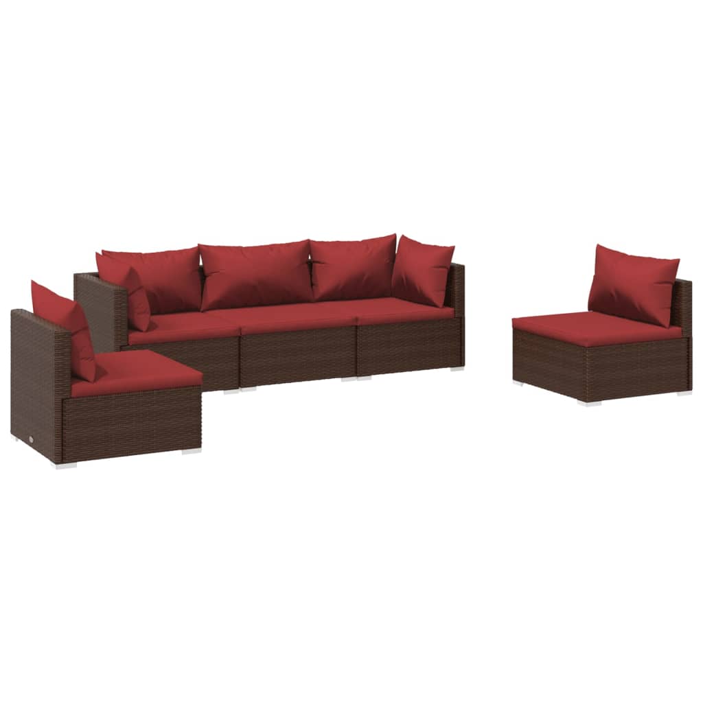 Set Divani da Giardino 5 pz con Cuscini in Polyrattan Marrone | homemem39