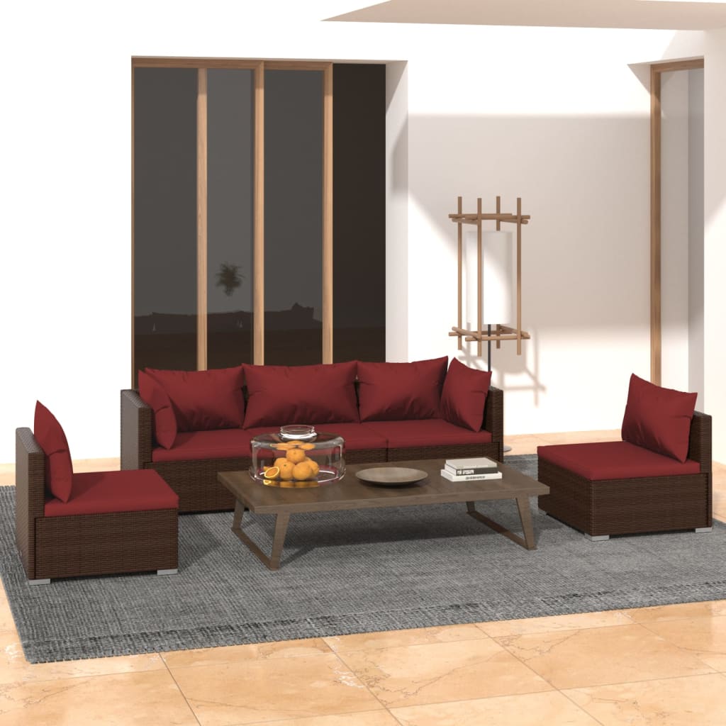 Set Divani da Giardino 5 pz con Cuscini in Polyrattan Marrone | homemem39