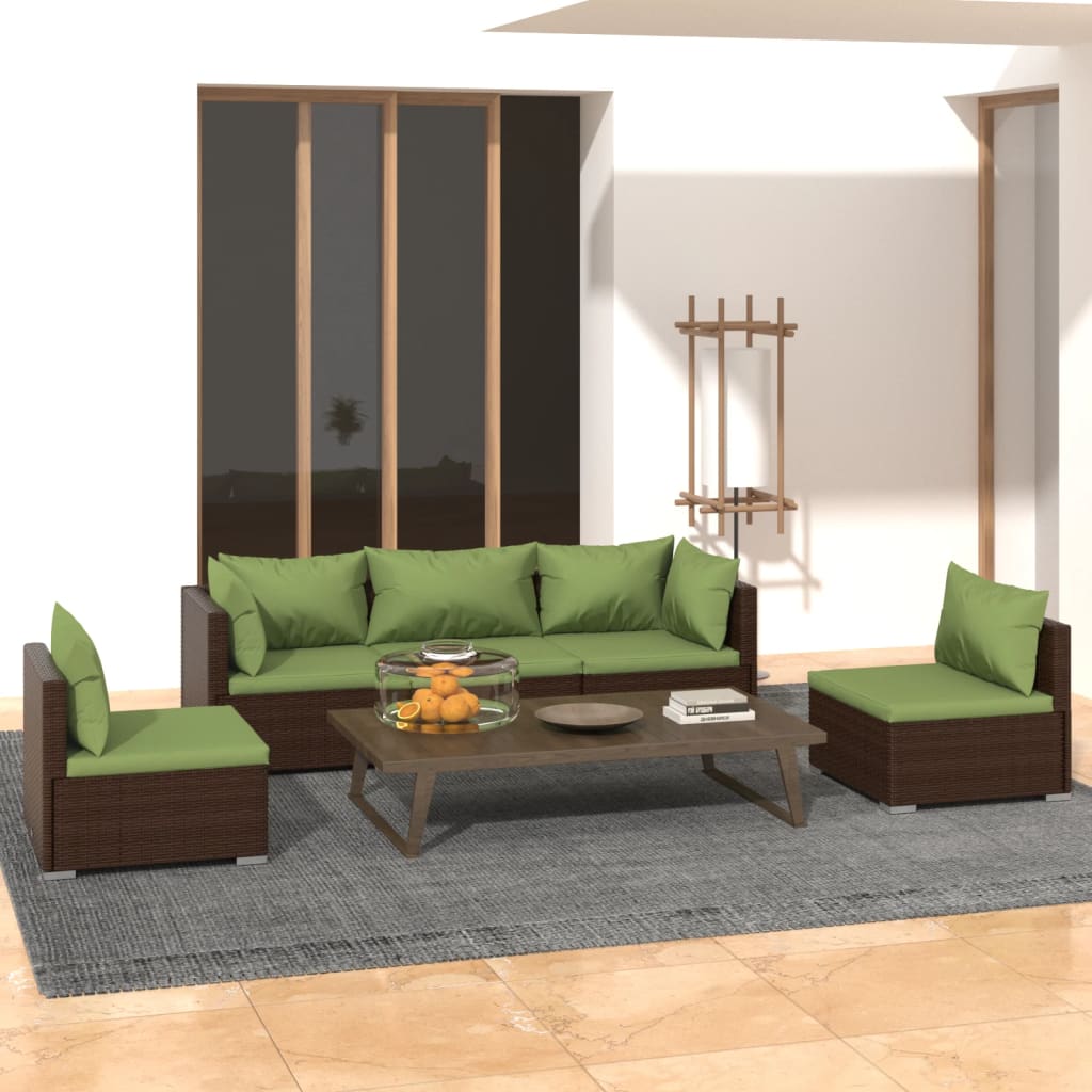 Set Divani da Giardino 5 pz con Cuscini in Polyrattan Marrone | homemem39