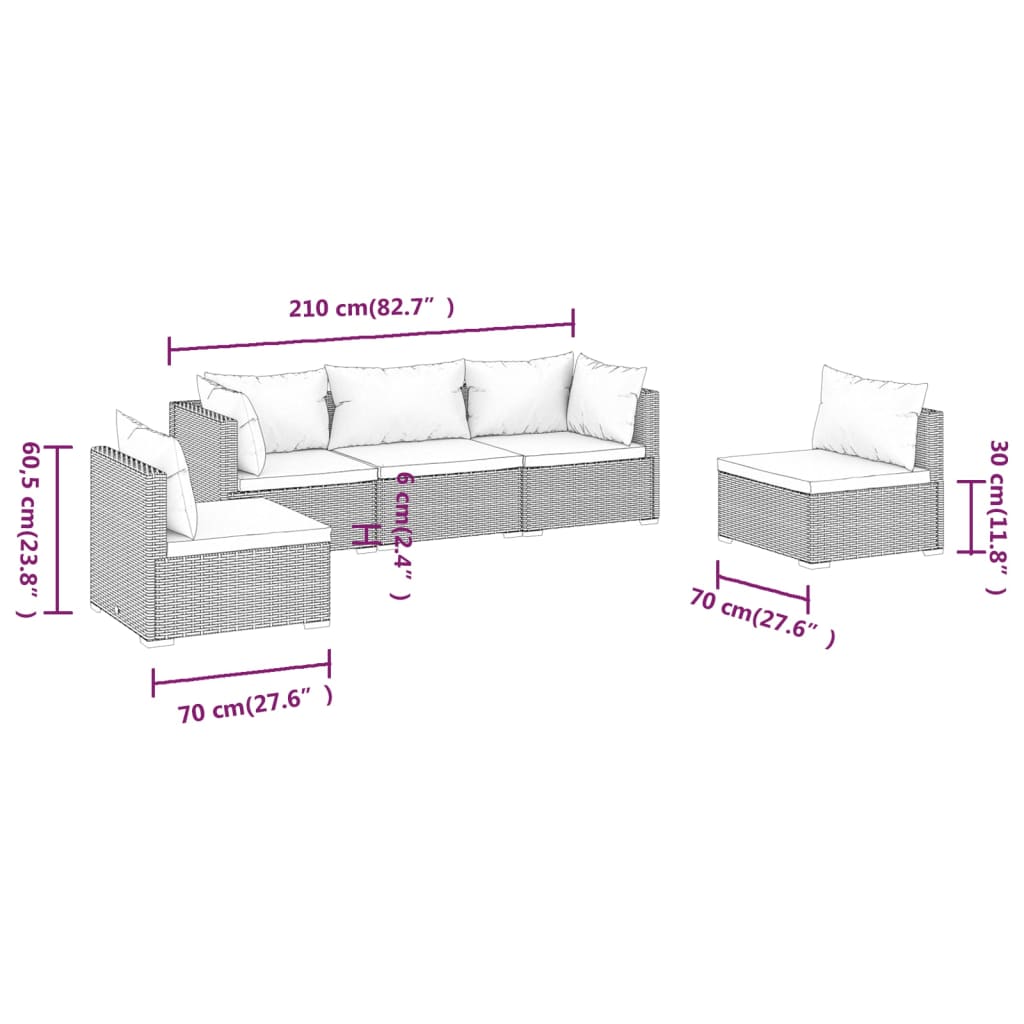 Set Divani da Giardino 5 pz con Cuscini in Polyrattan Grigio | homemem39