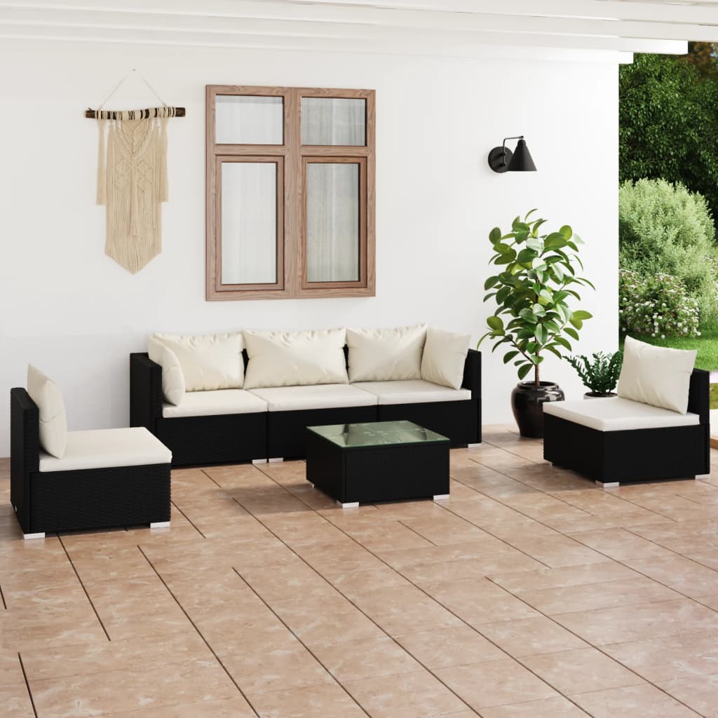Set Divani da Giardino 6 pz con Cuscini in Polyrattan Nero | homemem39