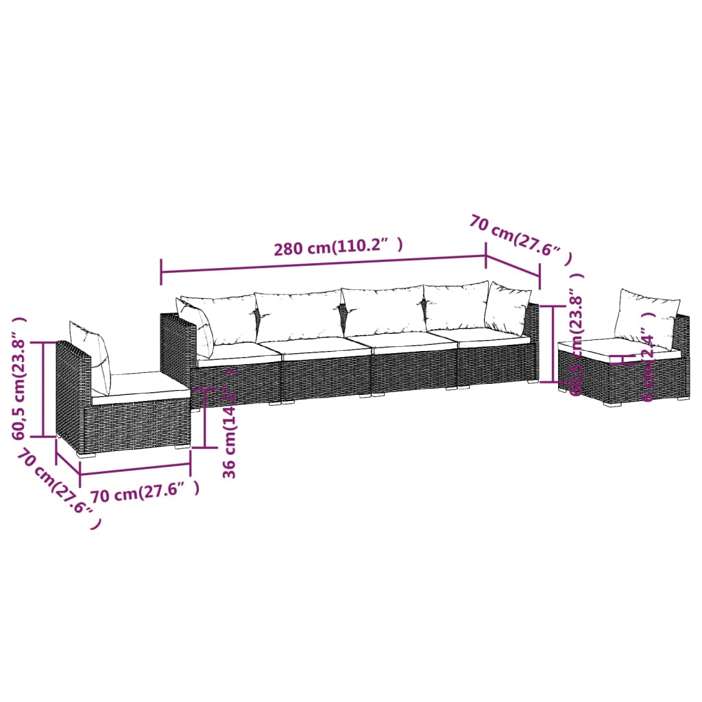 Set Divani da Giardino 6 pz con Cuscini in Polyrattan Marrone | homemem39