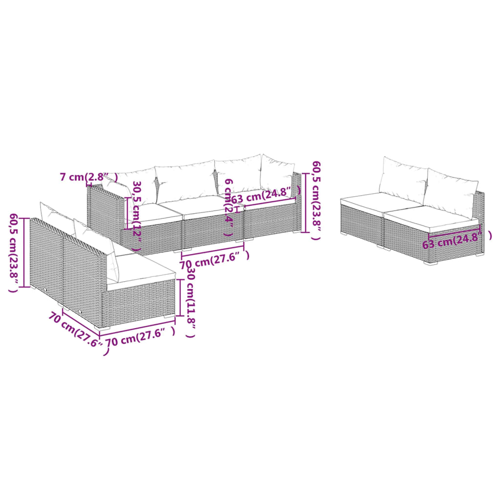 Set Divani da Giardino 7 pz con Cuscini in Polyrattan Marrone | homemem39