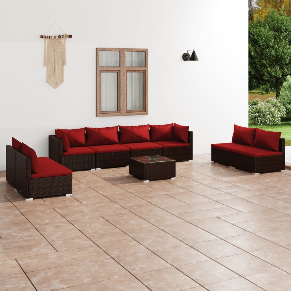 Set Divani da Giardino 9 pz con Cuscini in Polyrattan Marrone | homemem39