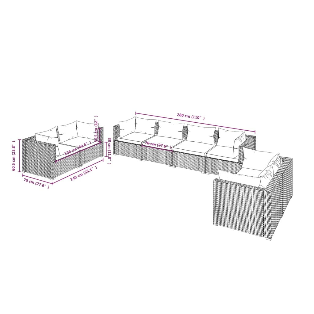 Set Divani da Giardino 8 pz con Cuscini in Polyrattan Marrone | homemem39
