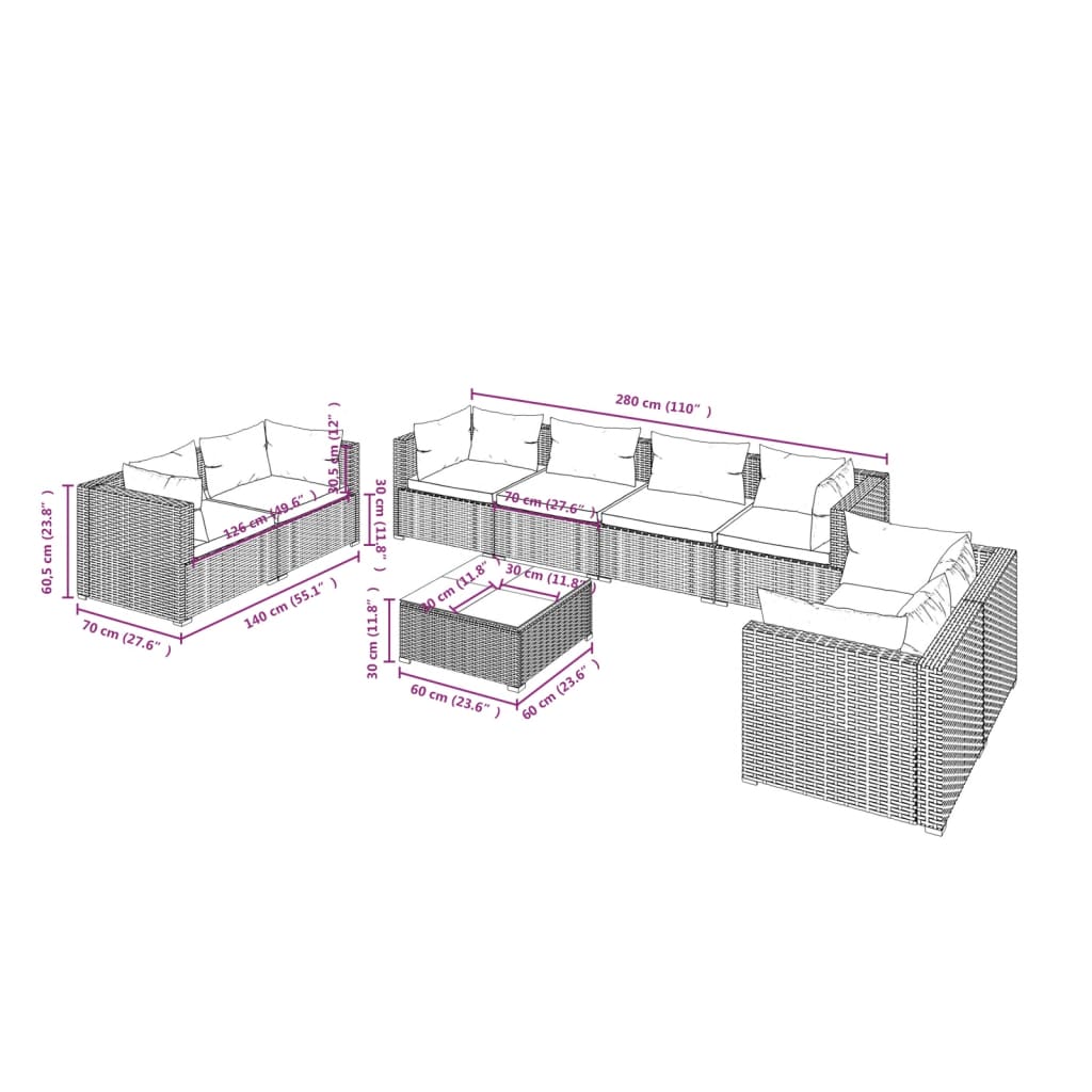 Set Divani da Giardino 9 pz con Cuscini in Polyrattan Marrone | homemem39
