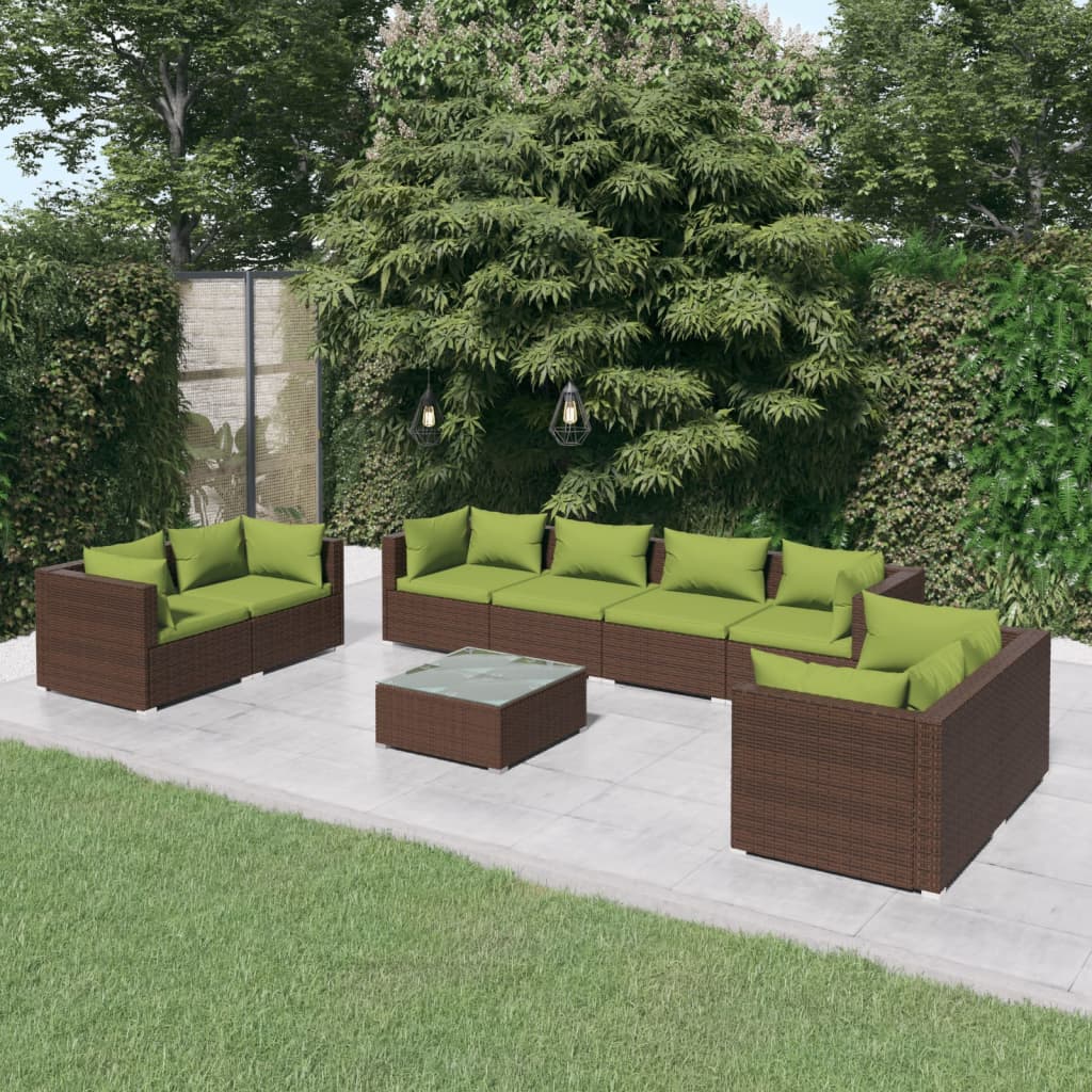 Set Divani da Giardino 9 pz con Cuscini in Polyrattan Marrone | homemem39