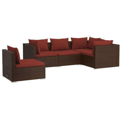 Set Divani da Giardino 5 pz con Cuscini in Polyrattan Marrone | homemem39