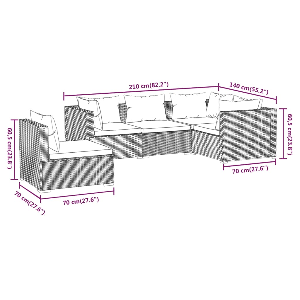 Set Divani da Giardino 5 pz con Cuscini in Polyrattan Marrone | homemem39