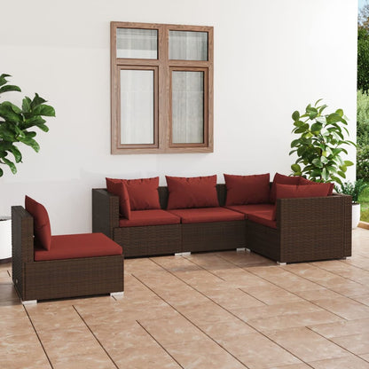 Set Divani da Giardino 5 pz con Cuscini in Polyrattan Marrone | homemem39