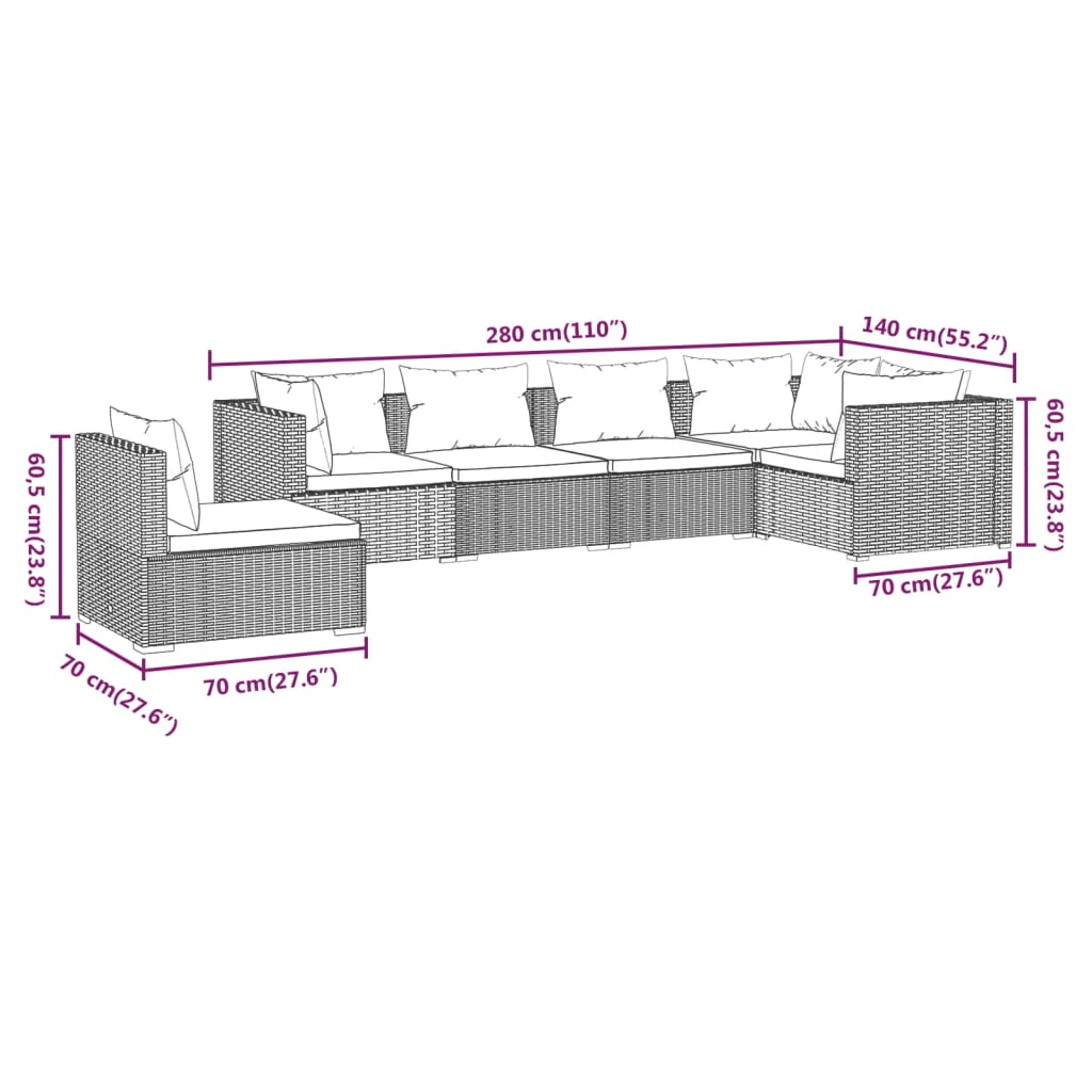 Set Divani da Giardino con Cuscini 6 pz in Polyrattan Grigio | homemem39