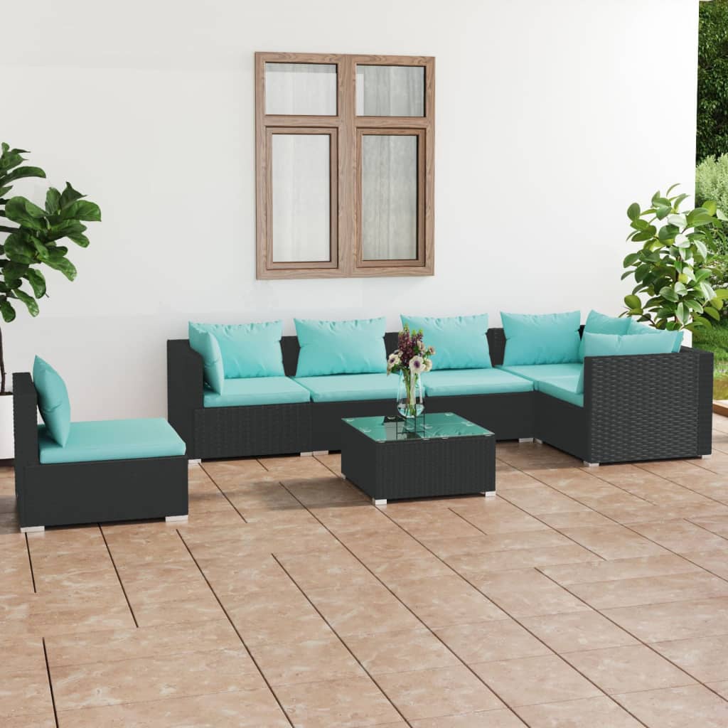 Set Divani da Giardino 7 pz con Cuscini in Polyrattan Nero | homemem39